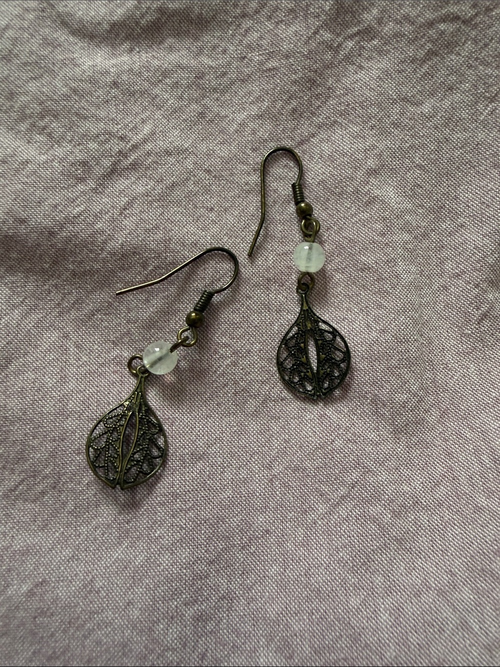 Delicate Filigree Leaf Drop Earrings with White Bead